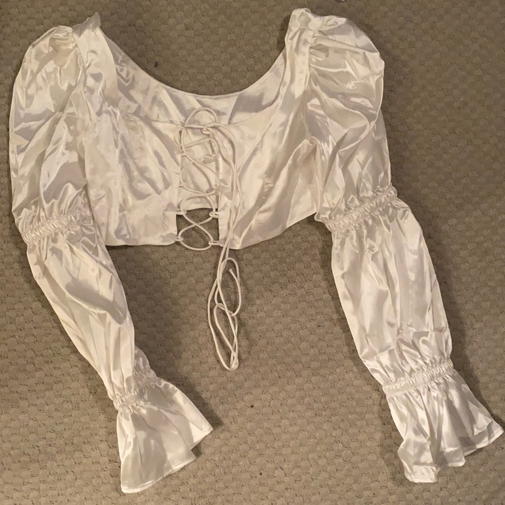 White cropped blouse lace up front size s
